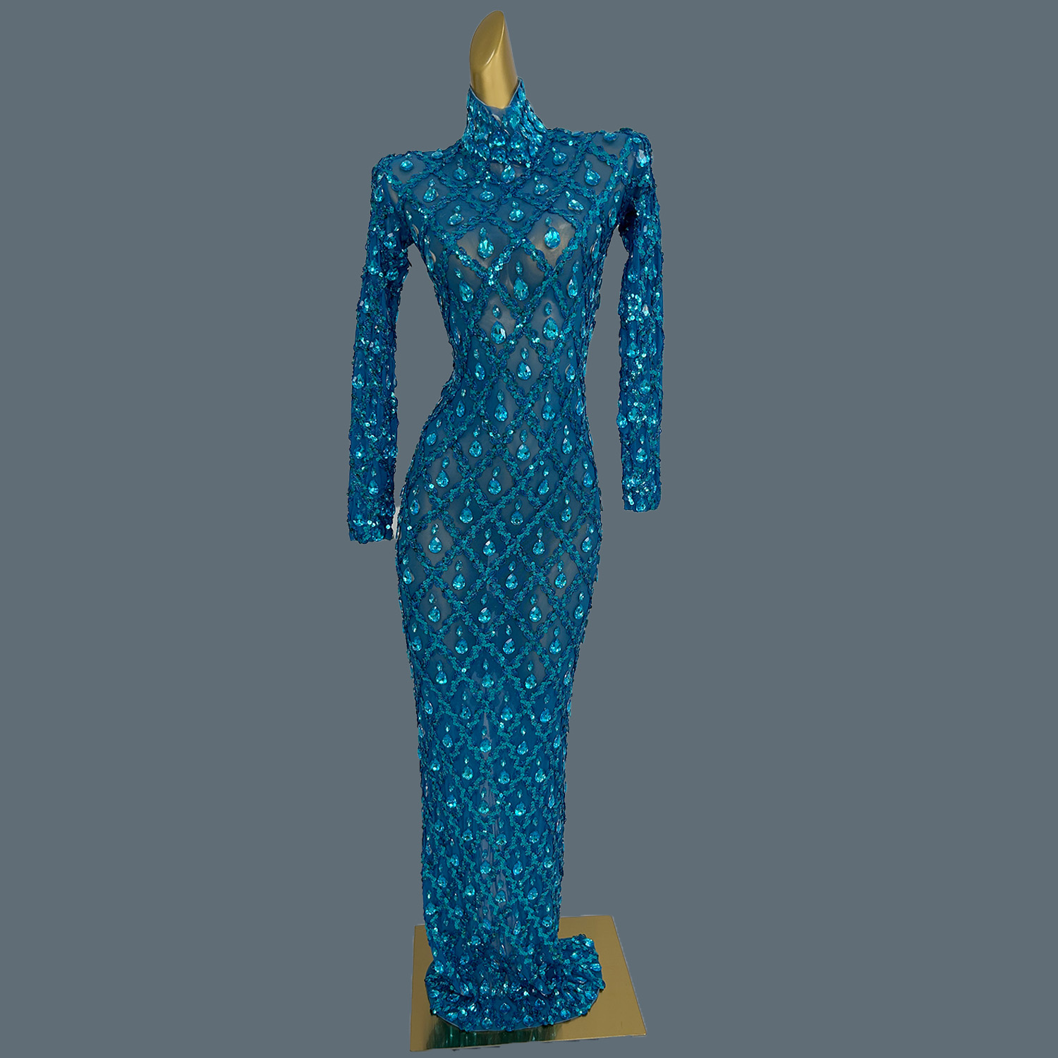 Brilhante strass manga comprida vestido de malha luxo jantar aniversário celebrar baile elegante sexy feminino magro vestido de baile shaokaojia