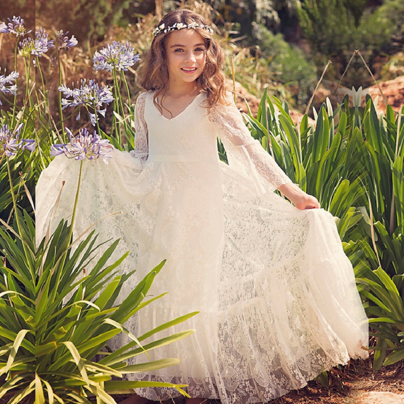 Abiti lunghi da principessa in chiffon di pizzo per ragazze Abito da sposa per ragazza di fiori per bambini Abito da sposa estivo Boho per festa di compleanno per 2-14 anni