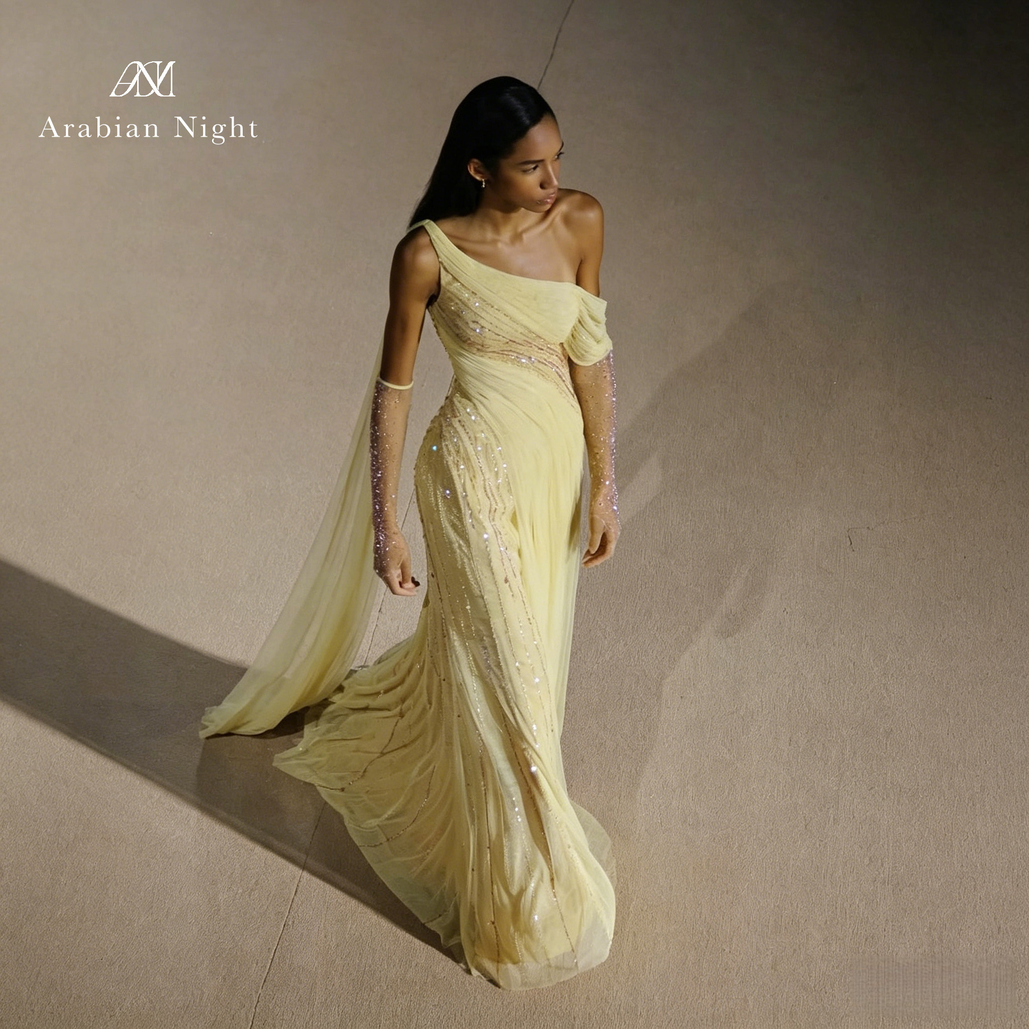 Customized Sequins Chiffon One-Shoulder Yellow Women's Formal Evening Gowns   Semi-formal occasions Haute couture dress