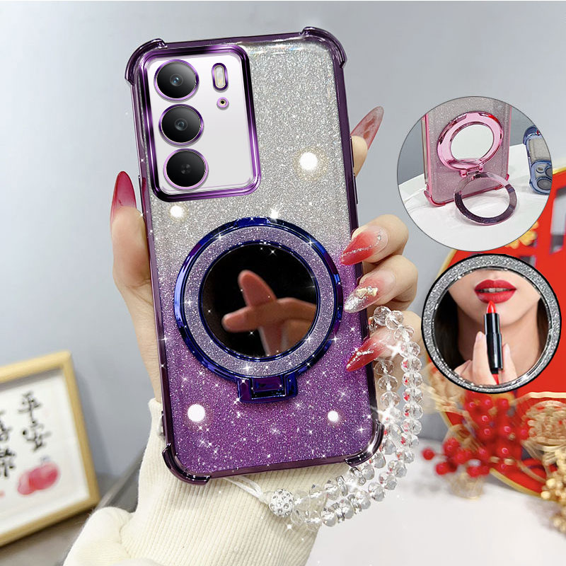 Glitter Four-Corner Shockproof Phone Case with Mirror Stand Beaded Strap For Oppo Realme C75 C75x 14x 4G 5G Back Cover Case