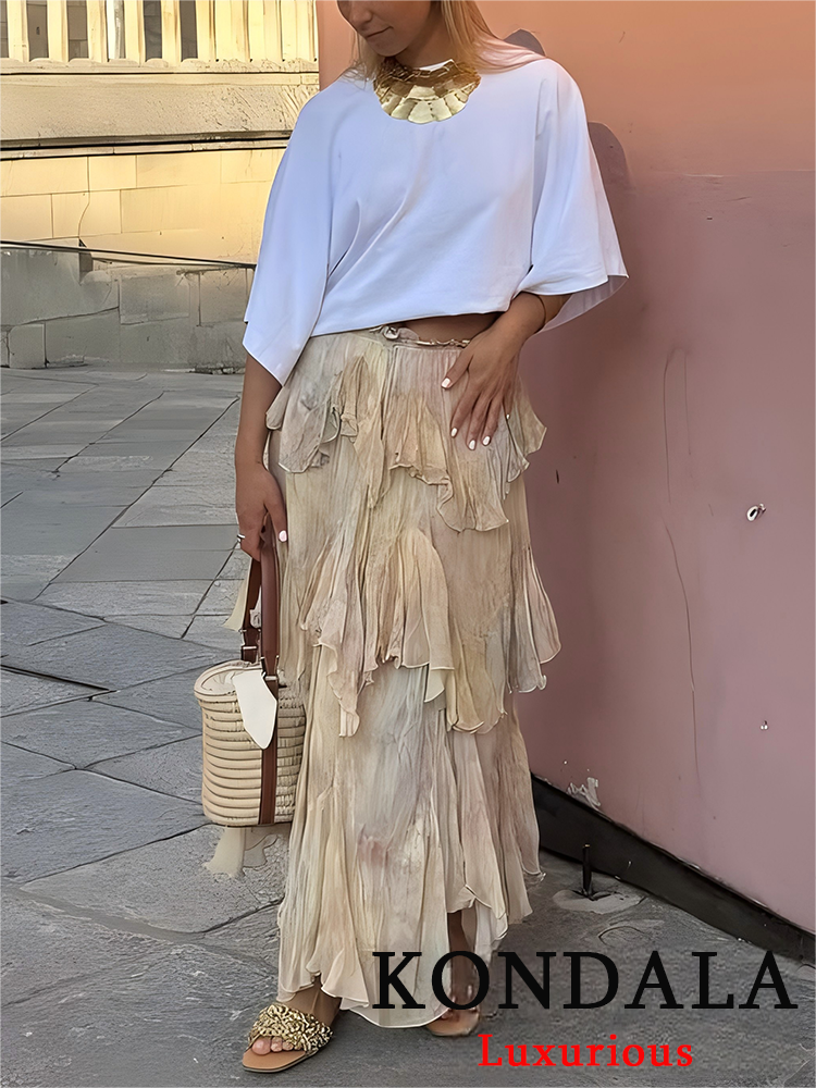 Kondala vintage flor impressão saias longas cintura alta babados chiffon saias moda 2025 outono boho saias de festa de férias