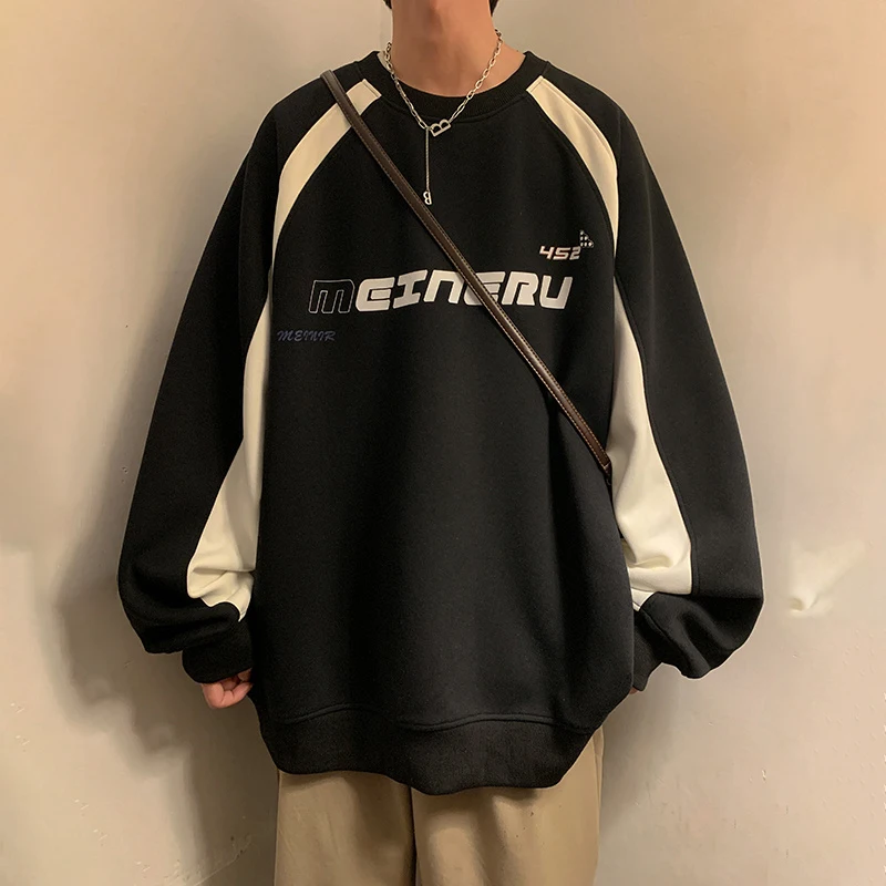 アメリカのハイストリートレタープリントトレーナー男性秋特大カラーブロックプルオーバーパーカー Y2K ヴィンテージ Sudaderas パラ Hombres