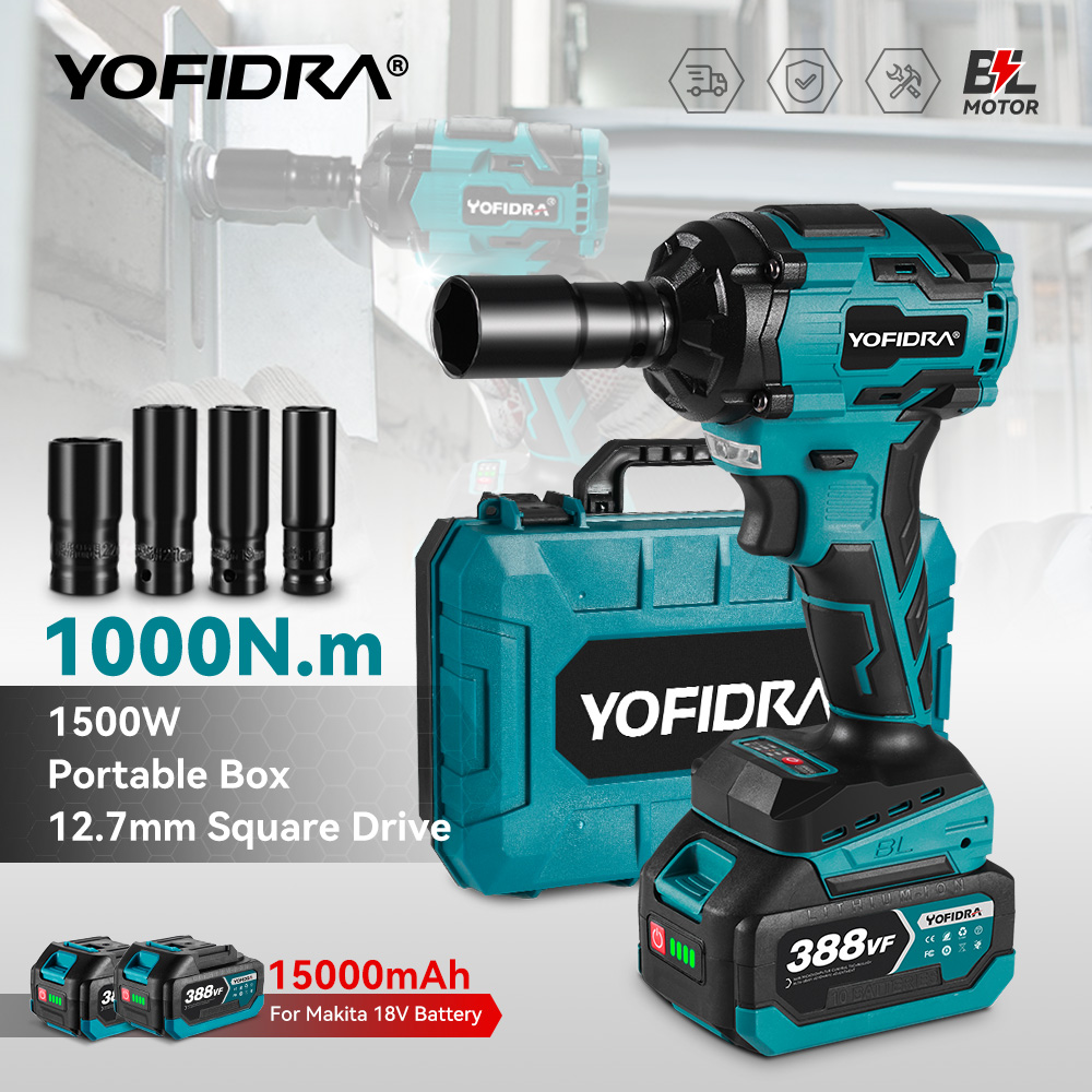 YOFIDRA 1500 Вт 1000 Нм бесщеточный электрический ударный гайковерт 1/2 аккумуляторная отвертка набор головок для дрели для Makita 18-21 В аккумуляторный штифт
