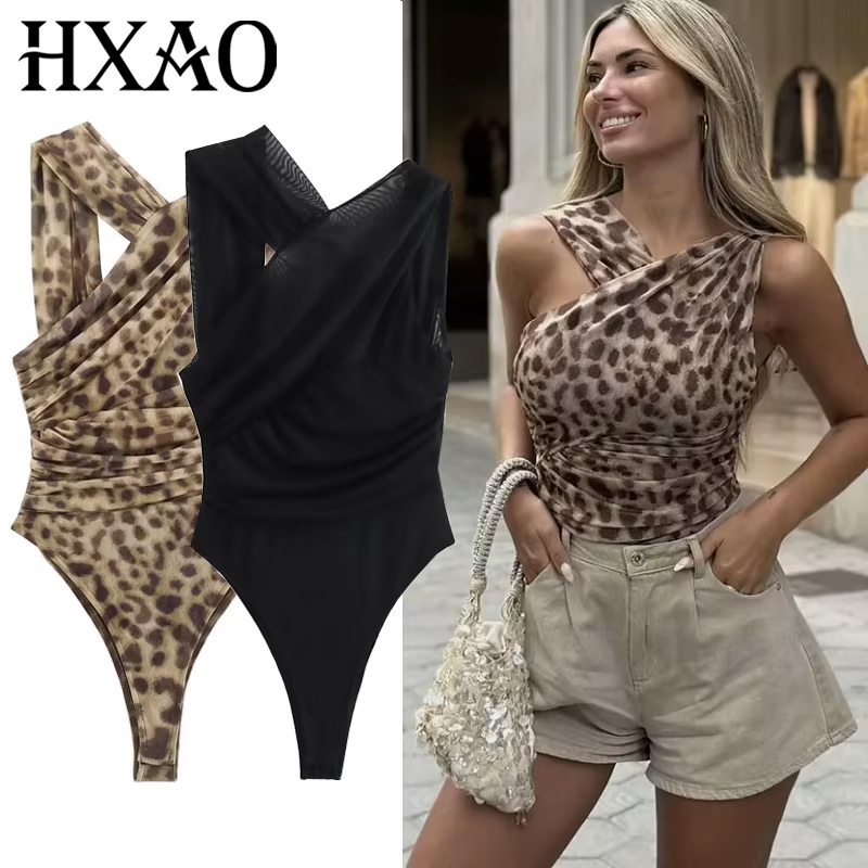 HXAO Woman Body Leopard Tulle Bodysuit Pleated Asymmetric Animal Print Body For Women Summer Backless Sexy Mesh Black Bodysuit