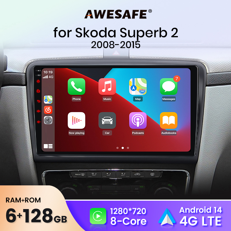 AWESAFE Draadloze CarPlay Android Auto Autoradio Stereo voor Skoda Superb 2 2008-2015 Auto Intelligente Systemen BT FM RDS Plug & Play SWC Verzending naar UK