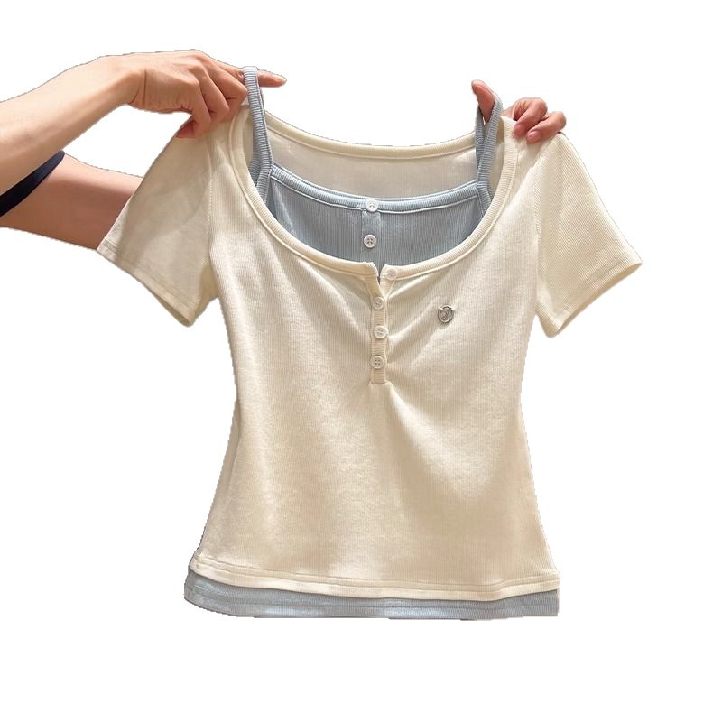 T-shirt d'été pour femme, style jeune fille, couleur contrastante, effet deux-pièces, col semi-ouvert, coupe ajustée, manches courtes