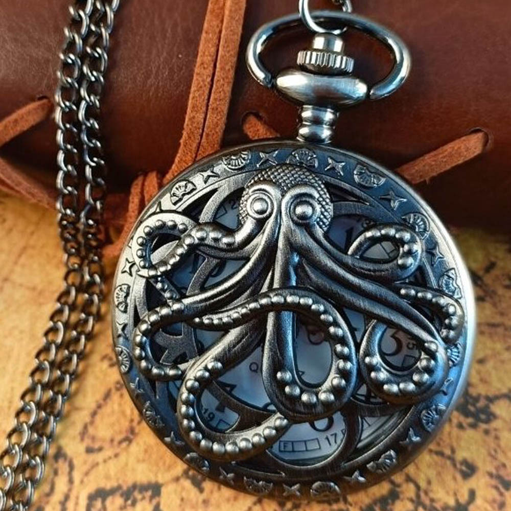 Vintage hohle schwarze Bronze Oktopus Quarz Taschenuhr mit Halskette Kette Geschenk für männliche Frauen Chronograph Hombre Uhren
