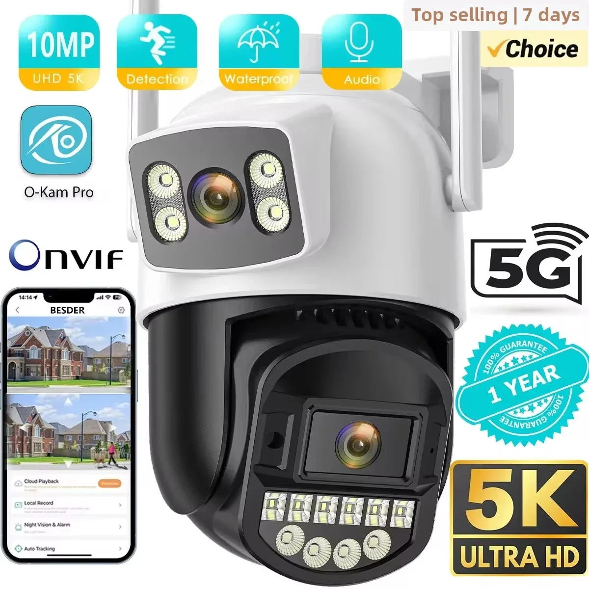 BESDER 5K 10MP WiFi 監視カメラ 5Ghz デュアルレンズ リアルタイムインターホン AI 人間検出 8MP 4K 屋外セキュリティ PTZ IP カメラ