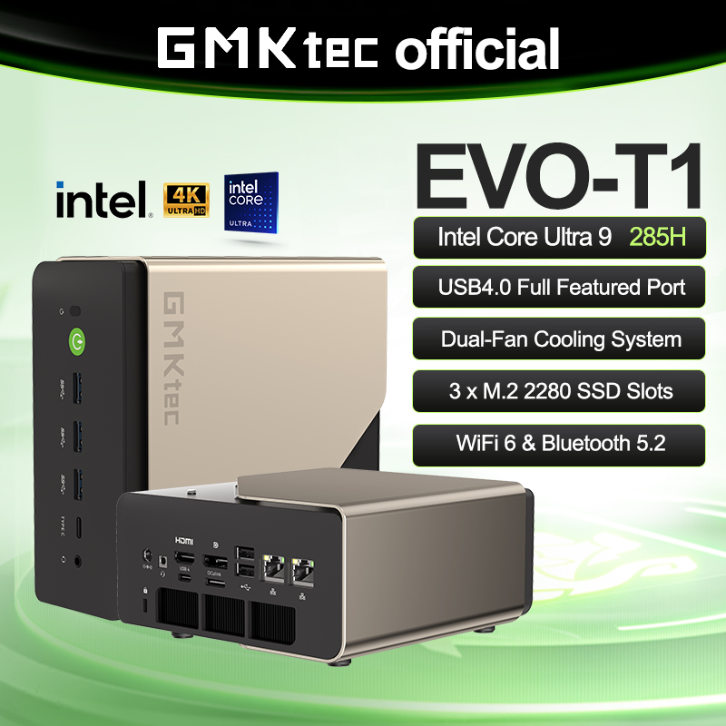 GMKtec AI Mini PC EVO-T1 Intel Core Ultra 9 285H Win11 Pro M.2 SSD Wifi6 BT5.2 64 ГБ LPDDR5 1 ТБ SSD PCIe4.0 Игровой компьютер