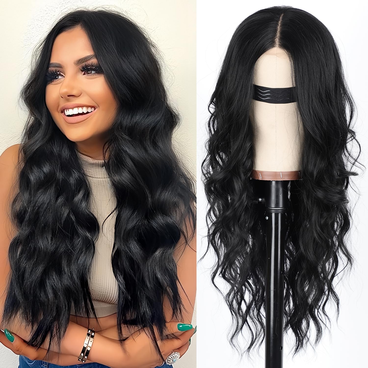 Peluca Negra para Mujer, Larga y Ondulada, con Línea de Cabello de Encaje, Parte Media, Sintética, Resistente al Calor, para Uso Diario y Fiestas - 26 Pulgadas
