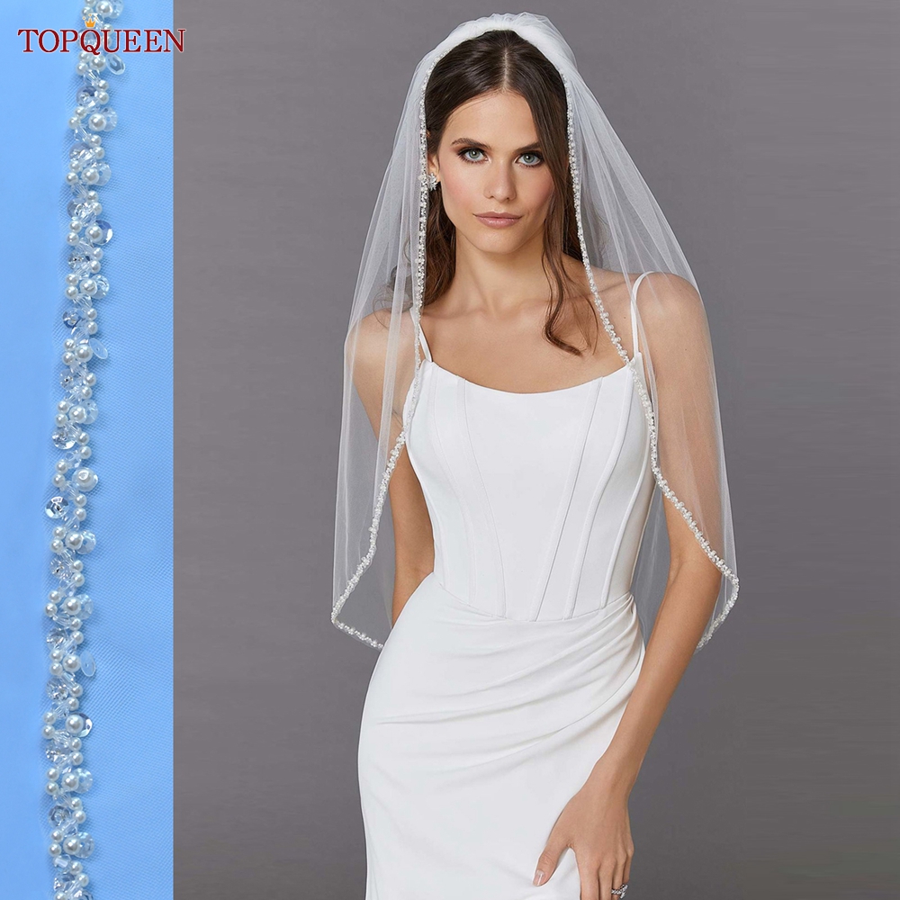 Topqueen v134 véus de casamento delicados para noiva pérolas véu de casamento com cristais borda véus de noiva casamento cristal frisado
