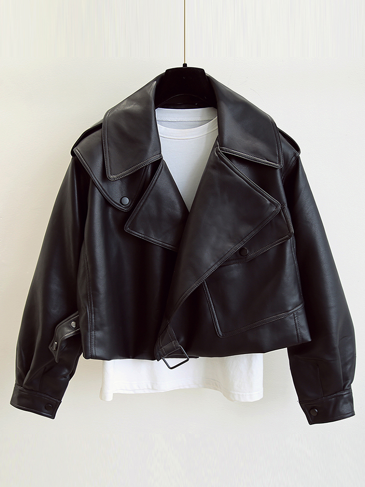 FTLZZ-Jaqueta de couro sintético feminina, casaco de PU motocicleta, streetwear solto, outerwear motociclista, gola virada para baixo, vermelho e branco, novo, primavera