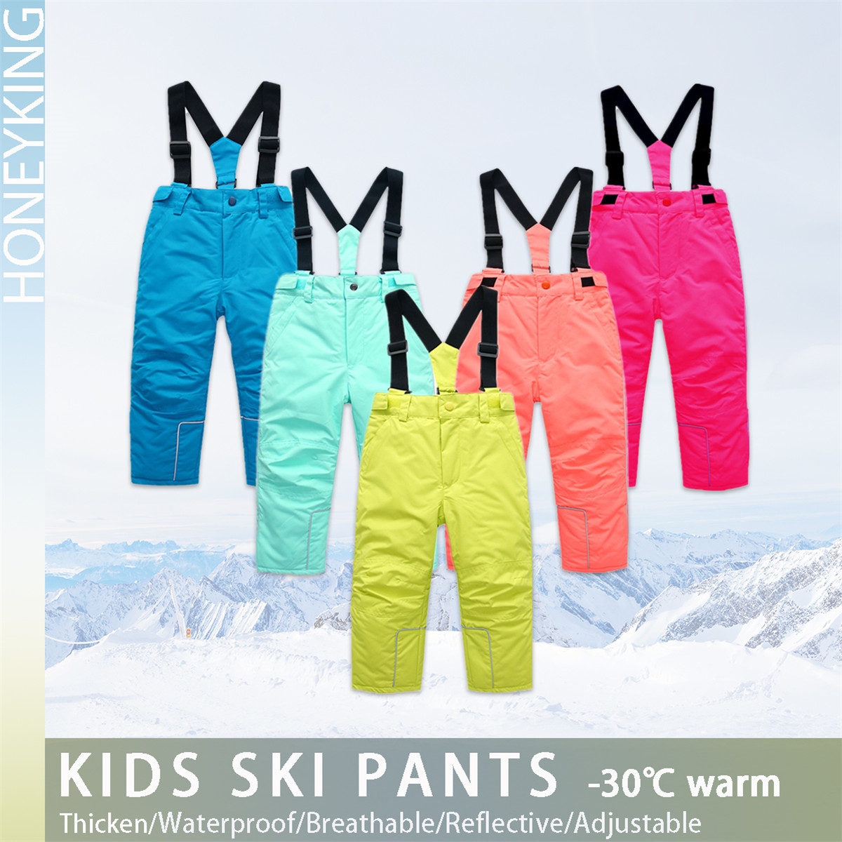 HONEYKING celana Ski anak, baju terusan hangat celana Ski musim dingin luar ruangan tahan air untuk anak laki-laki dan perempuan