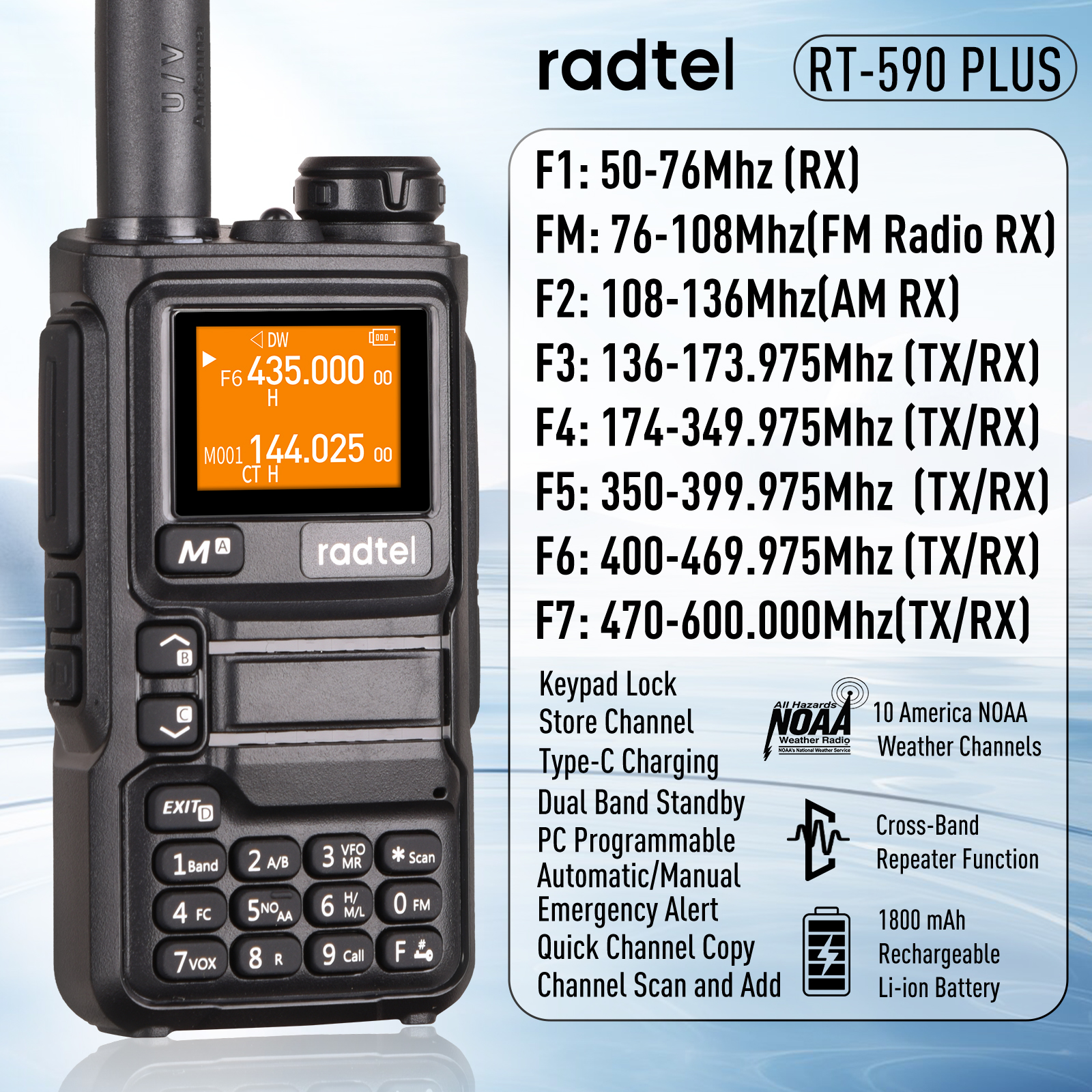Radtel RT-590 Plus Air Band Walkie Talkie Amateur Ham Estação de rádio em dois sentidos UHF VHF 200CH Banda completa com canal NOAA AM Satcom