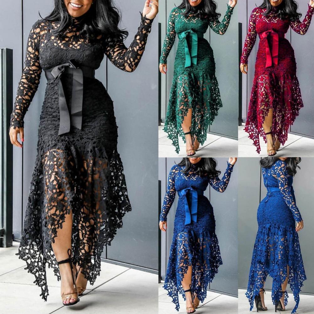 Kant Boog Belted Vrouwen Jurk Elegante Lange Mouw Onregelmatige Zoom Vrouwen Bodycon Party Lange Jurk Vintage Bruiloft Avond Feestjurk