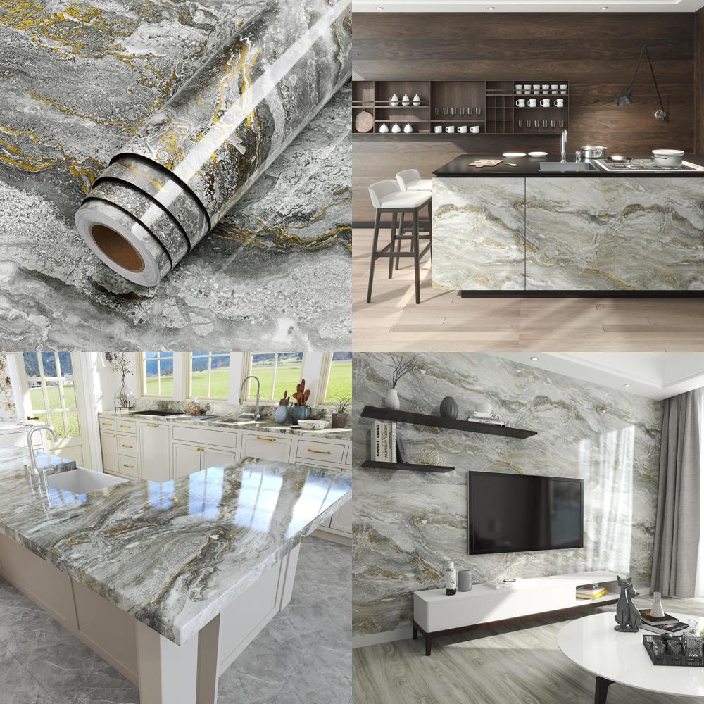Grey and Gold Marble Pattern Waterproof Peel and Stick Contact Paper for Kitchen and Bathroom Countertops, 160x36 Inches