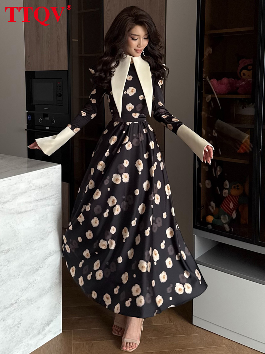 TTQV Modisches Schlankes Bedrucktes Damenkleid 2026 Herbst Revers Langarm Knöchellange Kleider Elegantes Klassisches Hochgeschnittenes Damenkleid