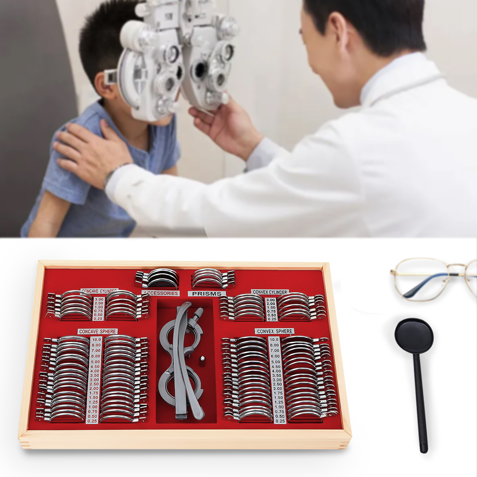 Kit de juego de lentes de prueba de 104 Uds., caja de marco de Metal, kit de optometría de marco de prueba, marco de precisión de lente de prueba óptica con caja plateada de lente
