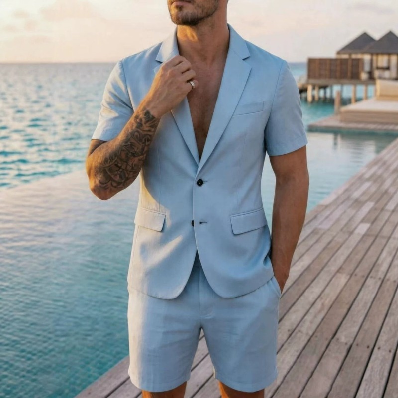 KIDWHXR Sommer 2-teiliges Outfit Herren Dünner Einreihiger Langarm-Blazer Elastische Taillen-Shorts Herren Schlanker Lässiger Anzug Set
