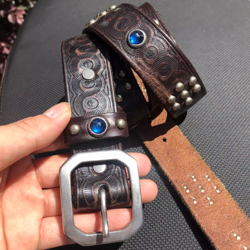 American Retro Motorcycle Belt Nailed Waistband 32mm Wide Ltalian Leather material