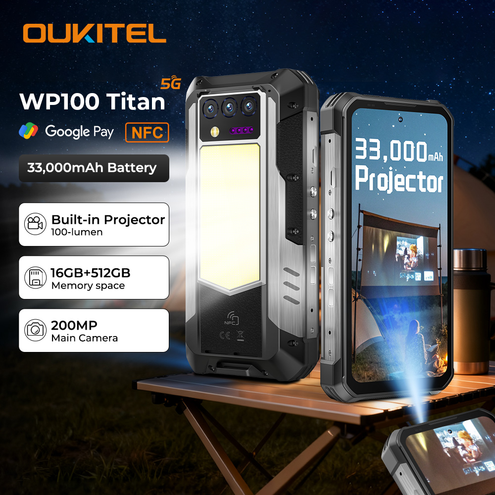 Oukitel WP100 Titan Rugged Phone 33000mAh 66W Charger 200MP Camera Built-in Projector Camping Light CellPhone