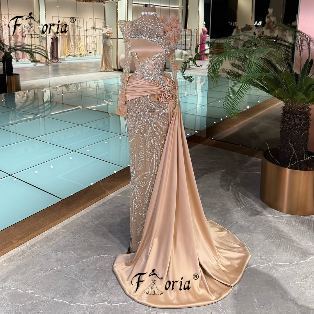 Mulher champanhe ouro vestido de noite com trem lateral frisado 3d bordado ocasião formal vestido de baile customizável robe de soiree