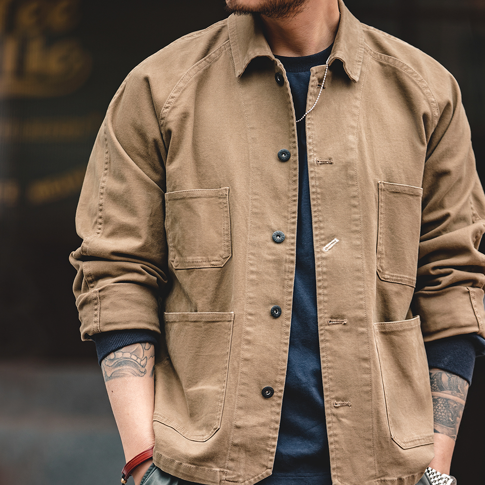 Maden Heavyweight Twill tessuto cappotto a quattro tasche per uomo colore kaki colletto rovesciato giacca Utility giacche autunnali maschili