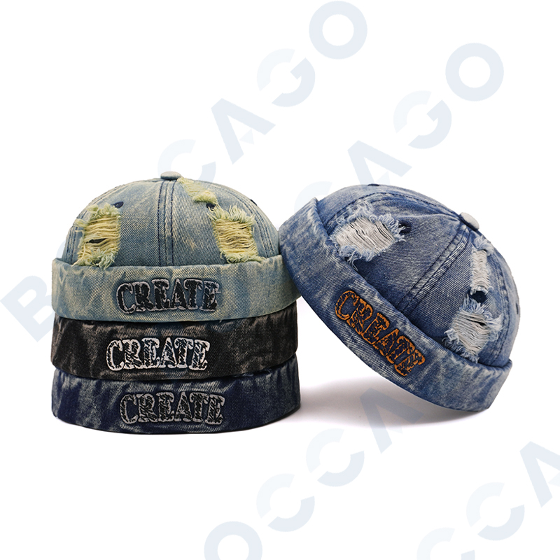 Topi Docker Denim Bordir Huruf Tanpa Pinggiran Dengan Desain Sobek, Topi Beanie Dapat Disesuaikan Untuk Pria Wanita, Cocok Untuk Aktivitas Luar Ruangan dan Jalanan