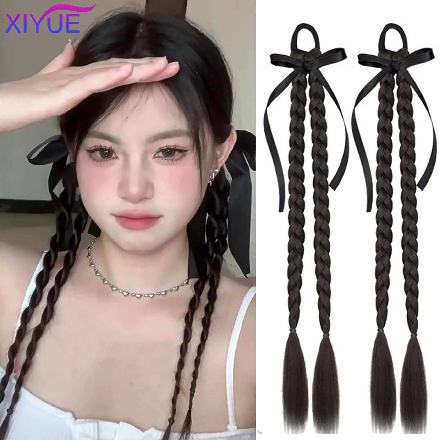 XIYUE, trenzas trenzadas sintéticas, extensión de cabello de cola de caballo, peluca Natural negra, coleta larga, banda para el cabello, banda de goma, peluca para mujer