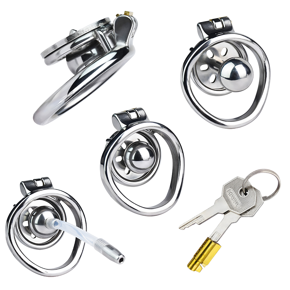 FRKO Flat Inverted Chastity Cage For Sissy Male With Protaste Massager Ball Urethral Catheter Lock Cock Ring Men Ship From USA