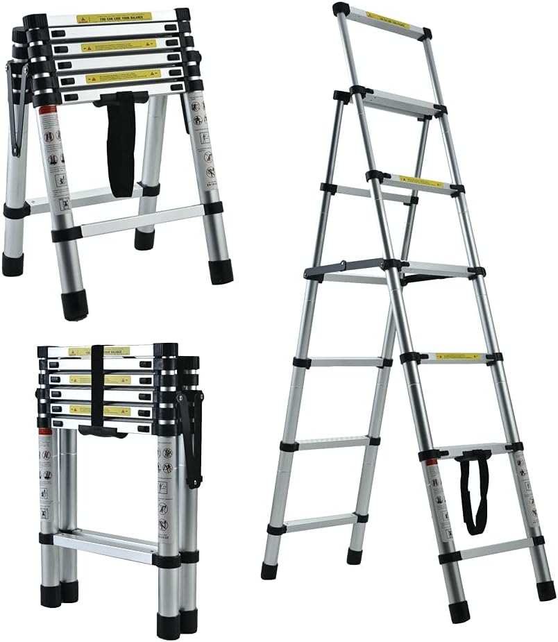 5+6 Stufen (1,7m + 2m) Aluminium-Fischgrätleiter Tragbare Haushalts-A-Leiter Multifunktionale Teleskop-Leiter