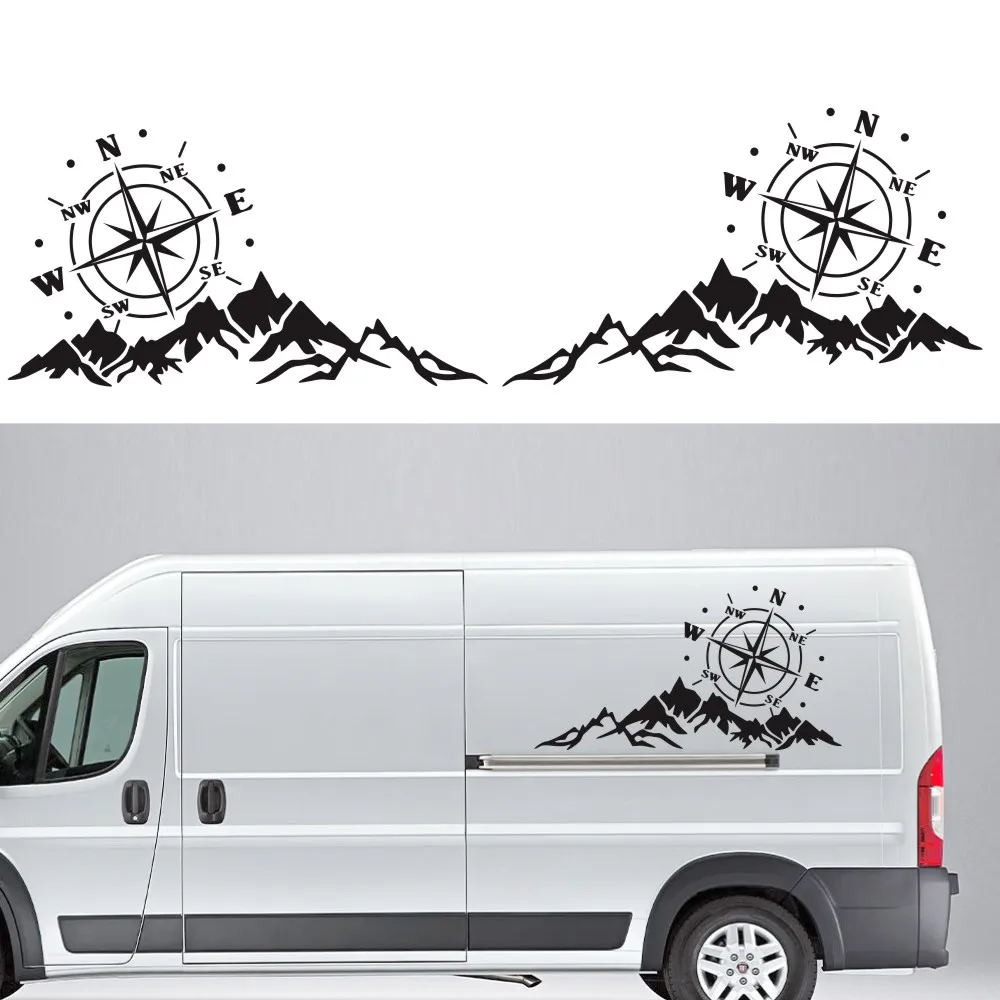 Car Sticker 2PCS Mountain Adventurers Compass Graphics Decoration Rv Camper Truck Truck Door Waist Line Hood Vinyl Decal,56*30CM