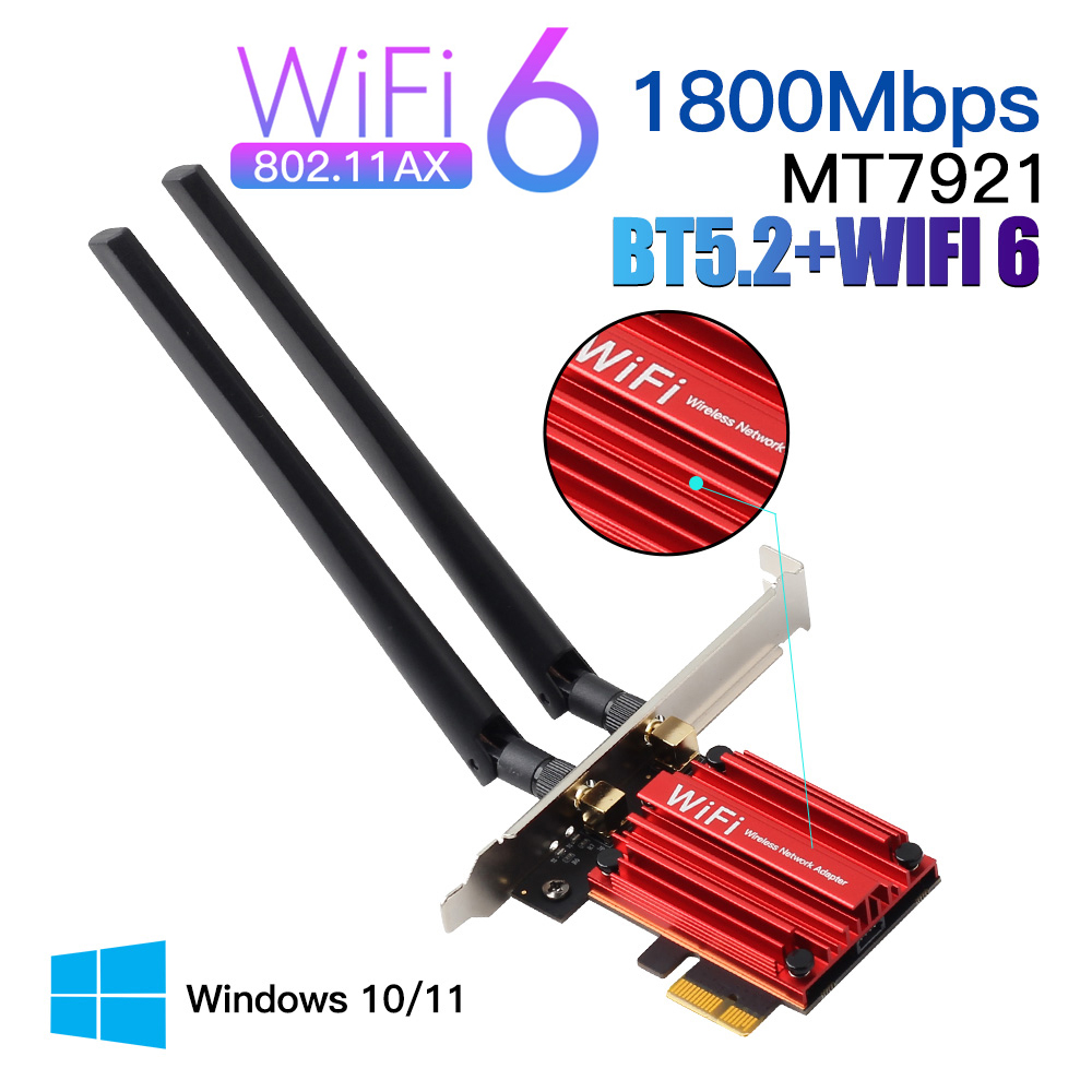 1800Mbps Wifi 6 MT7921 PCI Express ワイヤレスアダプター Bluetooth 5.2 デュアルバンド 802.11AX/AC Wi-fi ネットワークカード Windows 10 11