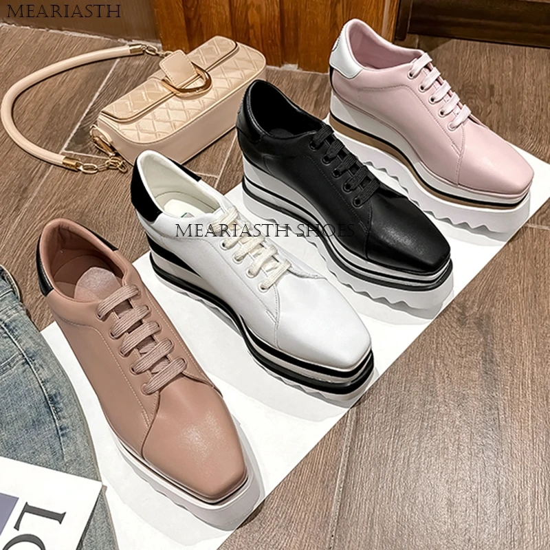 2024 Spring  real leather Women Shoes Flat Platforms Lace-Up 8cm Wedges shoes Sneakers Ladies Oxfords Woman Flats Casual flats