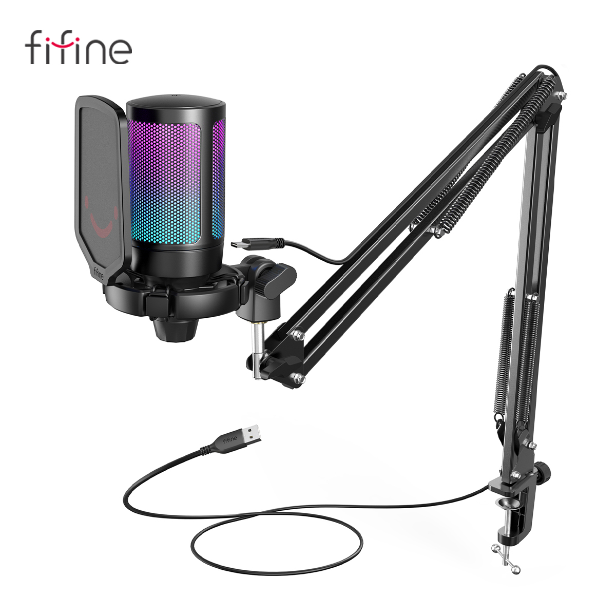 Kit Mikrofon Gaming USB FIFINE untuk PC, Set Mikrofon Cardioid Kondensor PS4/5 dengan Tombol Bisu/RGB/Dudukan Lengan, untuk Streaming Video
