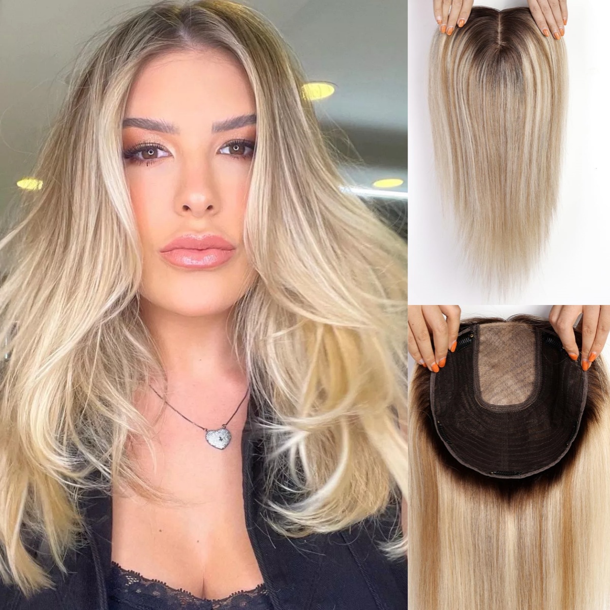 Topper de cheveux humains brun miel de 16 pouces, base large de 9x9 pouces, sans frange, 100% cheveux humains Remy pour femmes souffrant de perte de cheveux
