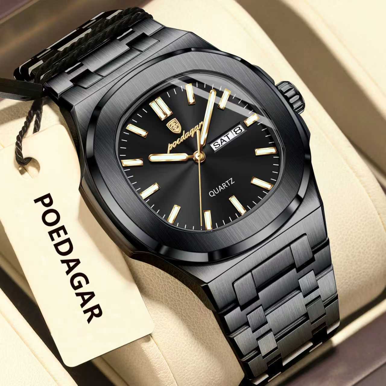 Poedagar luxo quadrado relógios masculinos à prova dwaterproof água luminosa data semana relógio masculino de aço inoxidável moda quartzo homem relógio de pulso reloj
