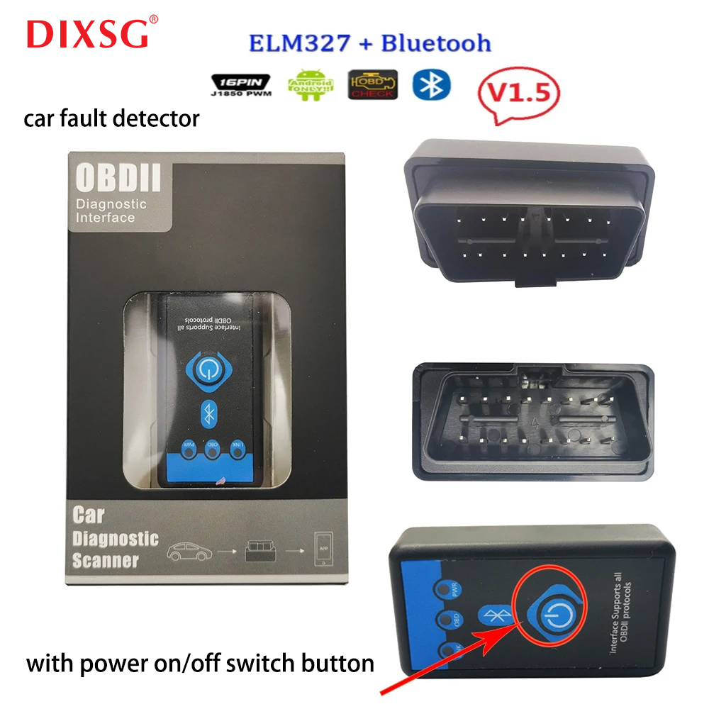 Новый автоматический считыватель кодов ELM327 V1.5 с Bluetooth и интерфейсом OBD2, мини-сканер диагностики 327 с кнопкой переключения питания OBDII ELM 327