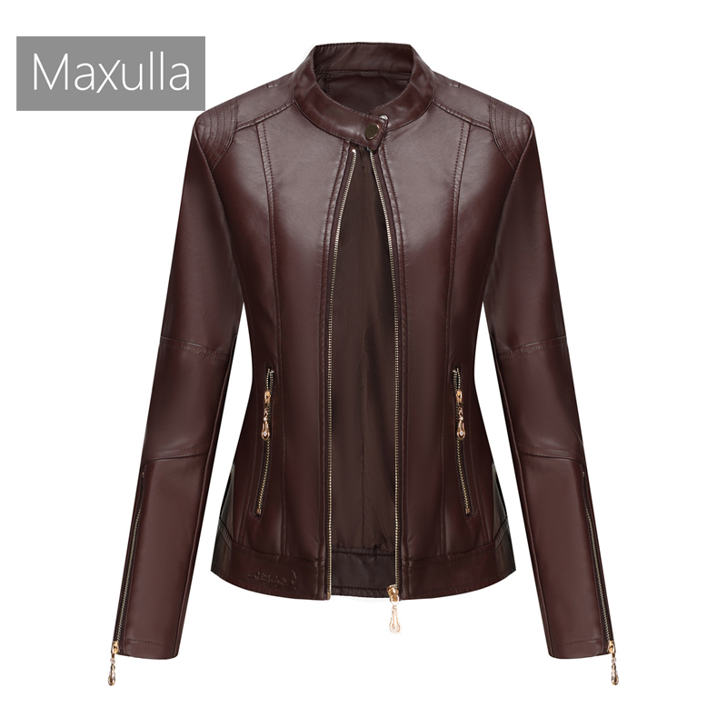 Primavera outono senhoras jaqueta de couro casual ao ar livre à prova vento plutônio gola topos moda magro motocicleta wear roupas femininas