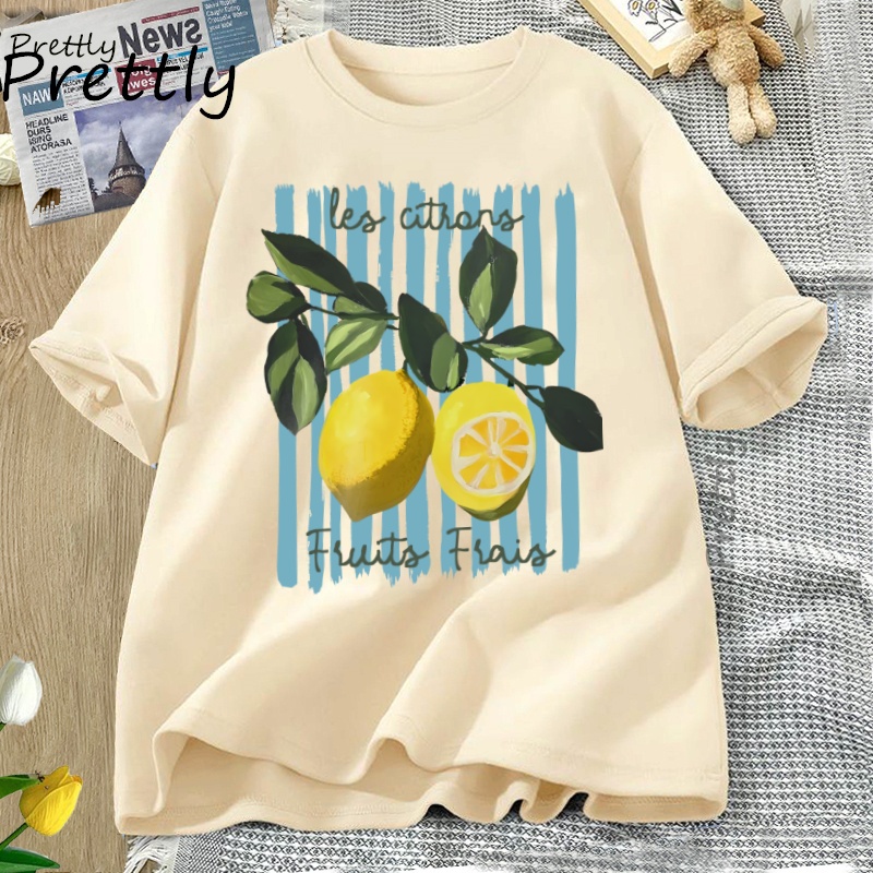 ฤดูร้อนมะนาวเสื้อยืด Vintage Cottagecore ภาษาฝรั่งเศสคํา T เสื้อผ้าฝ้ายมะนาว Tee เสื้อวันหยุดชายหาด Tshirt เสื้อลําลองแขนสั้น