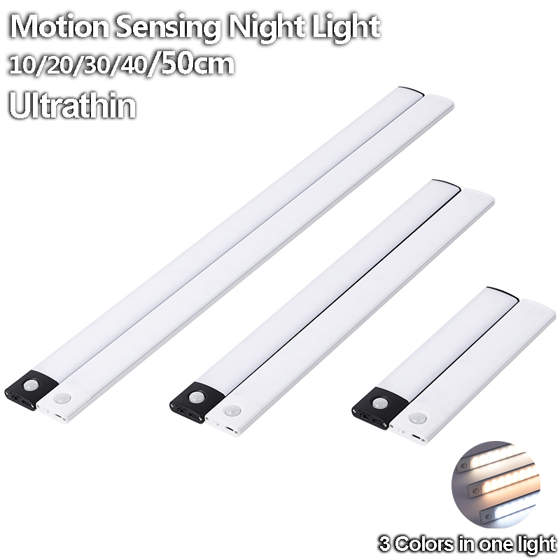 Luz LED para debajo del gabinete, luz nocturna con Sensor de movimiento, lámparas finas recargables por USB, regulables, iluminación para armario de cocina, dormitorio y armario
