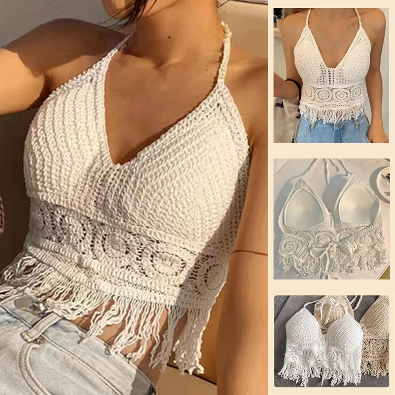 2024 Summer Sexy Beach Short Crop Top dla kobiet Lightweight Hollow Out Crochet Tassels Hem Halter Bras Bustier z wkładkami na klatkę piersiową