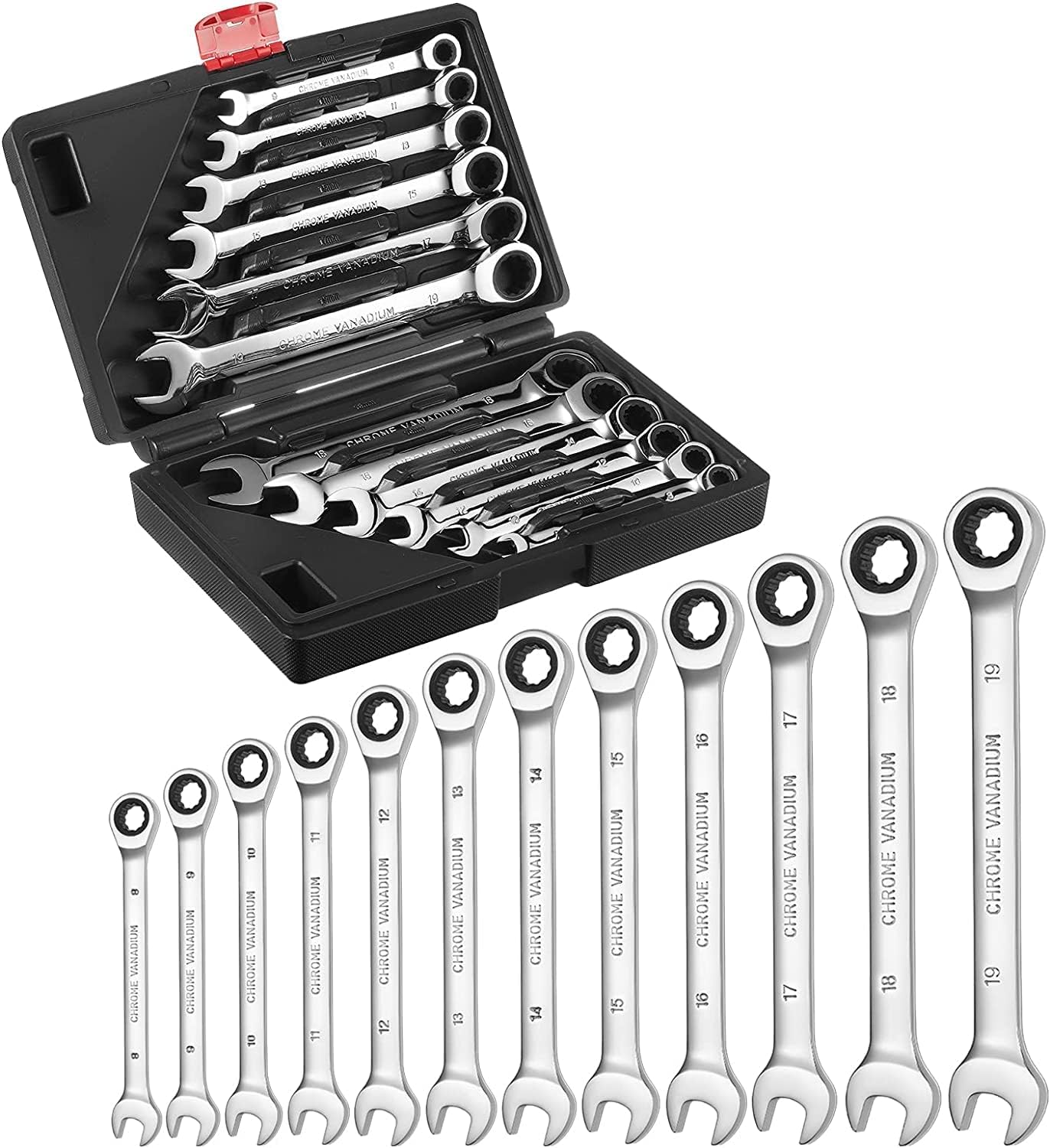 Ratchet Ring Spanner Set, Chave De Combinação, Chave De Anel, 8-19mm, 12 Pcs