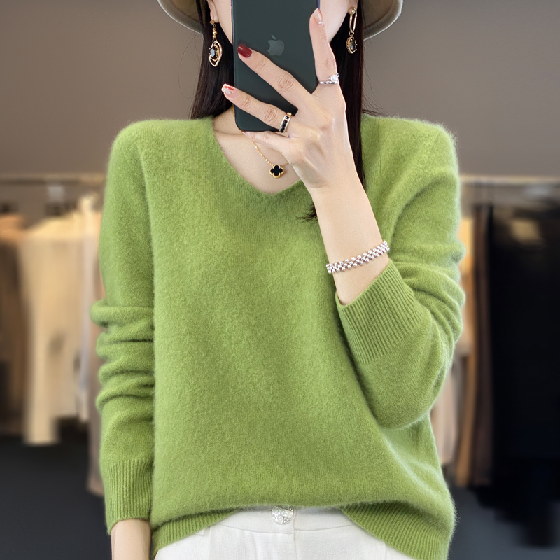 Novo 100% suéter de lã pura Merino no outono e inverno feminino com decote em V de malha de manga comprida suéter quente de cor sólida