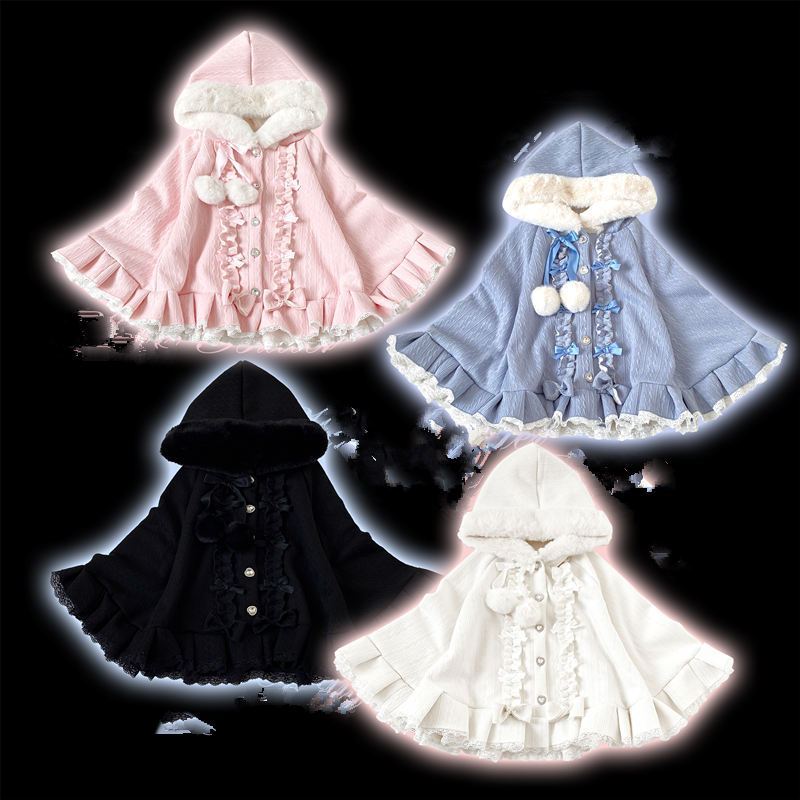 Japanese Viange Outerwear Clothing Warm Bow Ruffles Hooded Ponchos Lolita Style Sweet Kawaii Capes Coat Women Autumn Winter