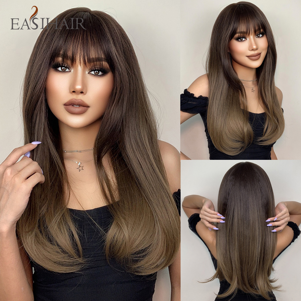 EASIHAIR ยาวตรง Bangs Wigs ธรรมชาติ Ombre สีน้ำตาลเข้มวิกผมปลอมวิกผมสำหรับผู้หญิงทุกวันคอสเพลย์ทนความร้อนเส้นใย