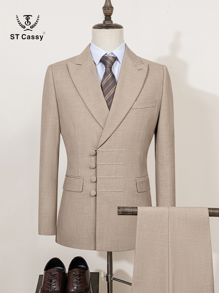Setelan Pria ST Cassy Elegan untuk Pernikahan, Slim Fit Double Breasted dengan Banyak Kancing, Kasual Bisnis, Dua Potong, Pakaian Pesta