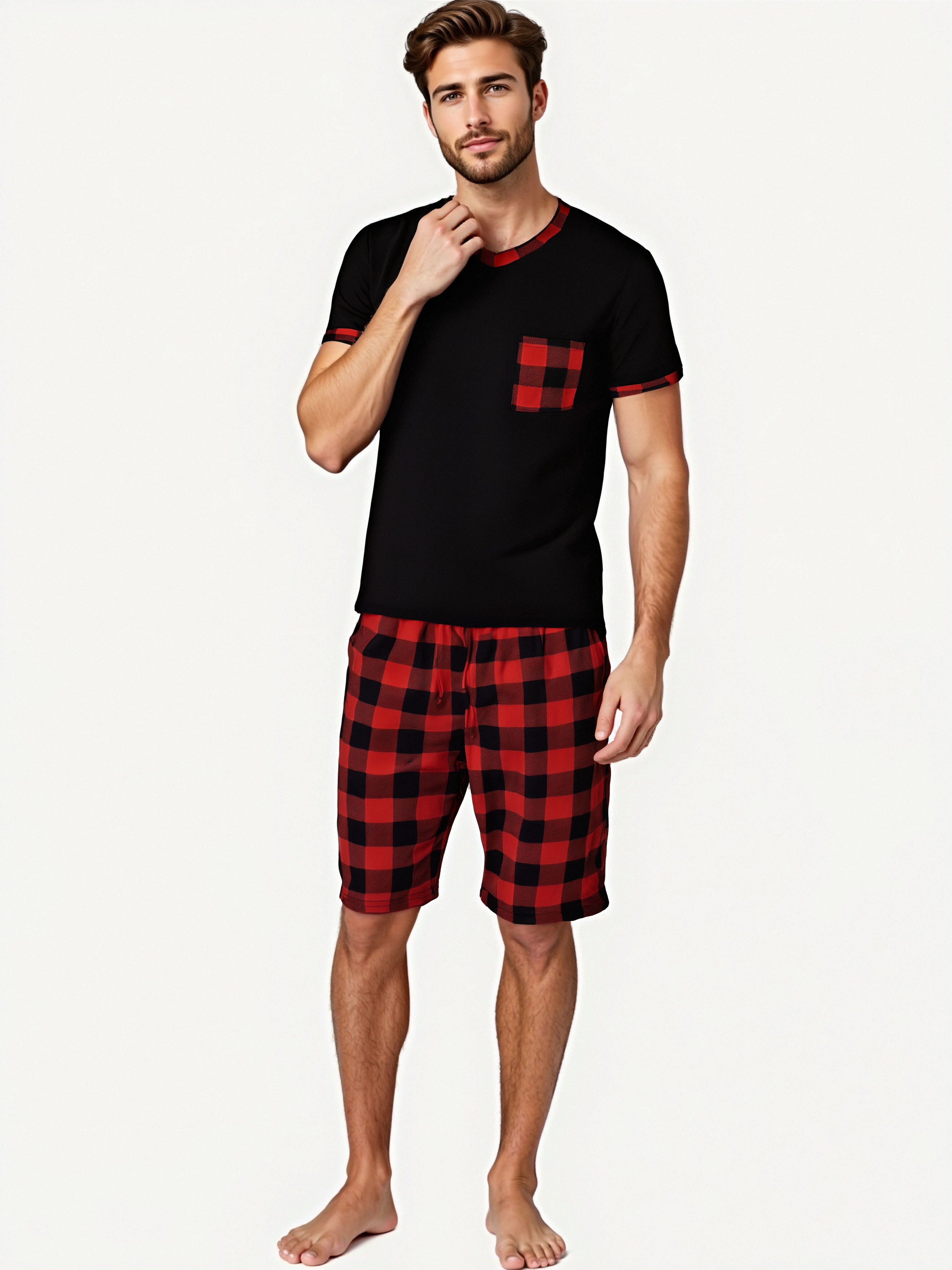 Herren-Pyjama-Sets, kurzärmelig, karierter Pyjama für Herren, Pyjama-Set, weiche Lounge-Nachtwäsche, Pyjama-Hose mit Taschen, Kordelzug, Shorts, Hemden