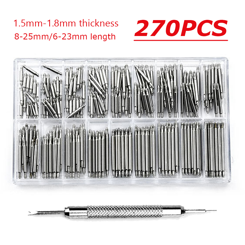 270 unids/set barras de resorte de acero inoxidable diámetro 1,5mm/1,8mm longitud 8mm - 25mm/6mm - 23mm correa de reloj herramientas de reparación de relojes Pin