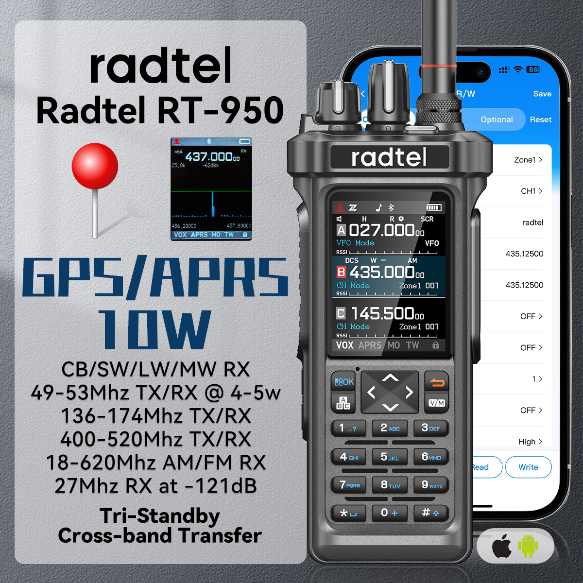 Radio Walkie Talkie Radtel RT-950 con GPS APRS, Receptor AM/FM/MW/LW/SW, 10W, Bluetooth, Programación por APP, Radioaficionado, Triple Modo de Espera, Espectro Amplio